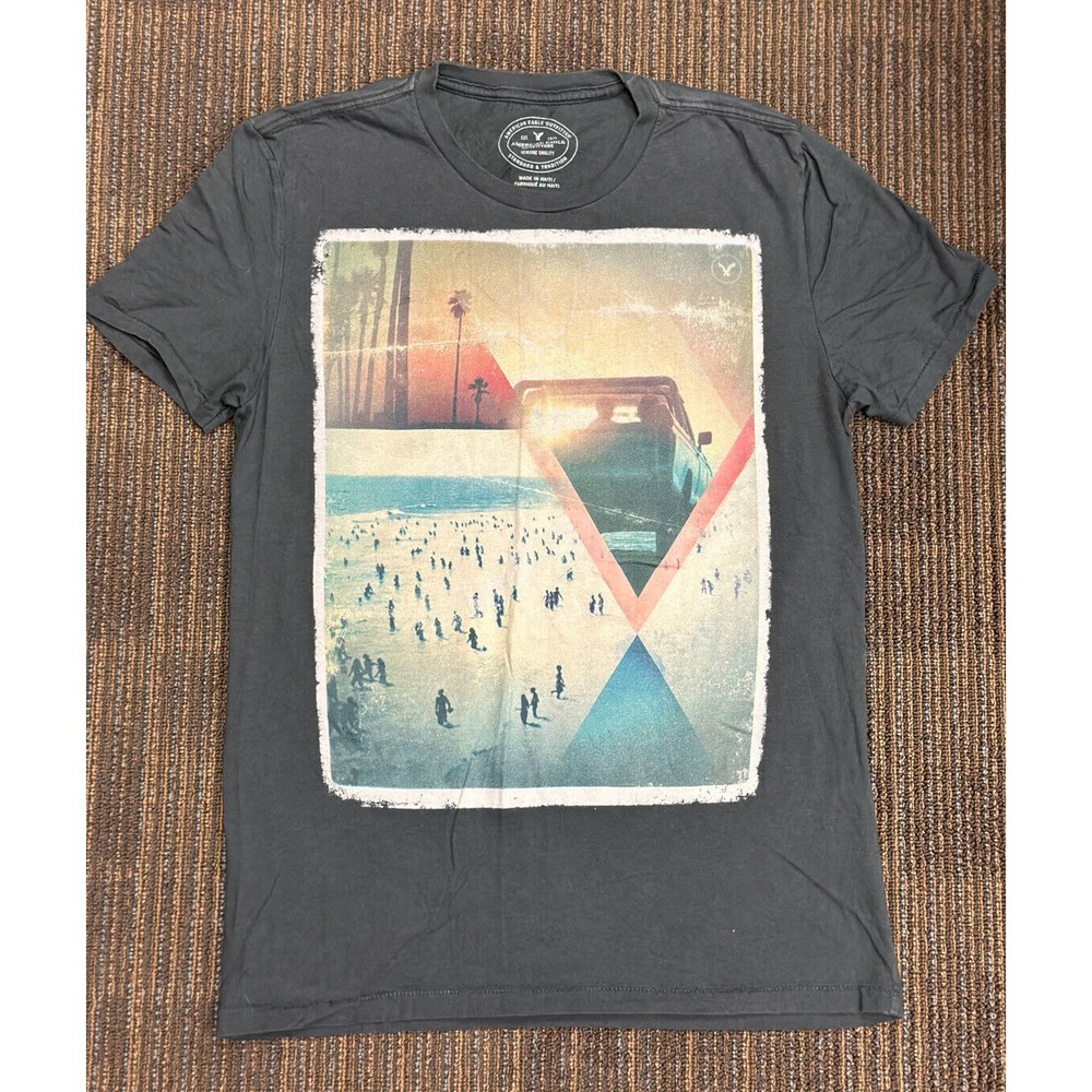 American Eagle AE Graphic gray beach ocean scene short sleeve t-shirt XS‎